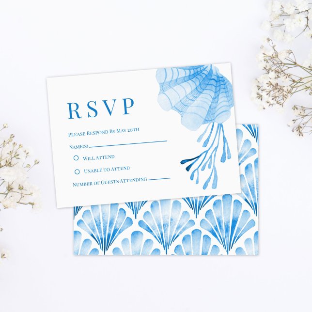Blå akvarell snigelskal och korall OSA kort (Blue Watercolor Seashell and Coral RSVP Card)