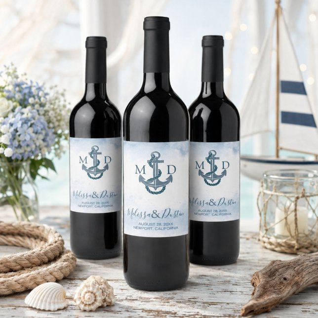 Blå akvarell strandankare nautiskt bröllop  vinflaska etikett (Blue Watercolor Beach Anchor Nautical Wedding Wine Label)