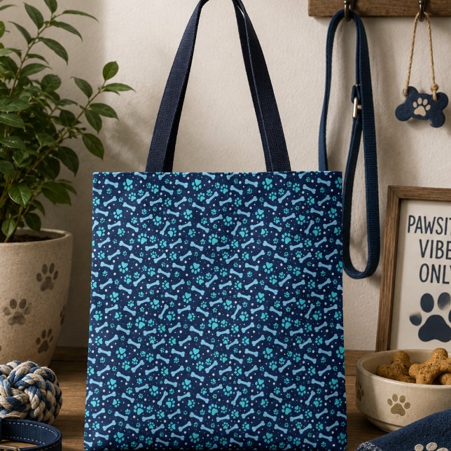 Blå akvarell tassavtryck födelsedag tygkasse (Blue Watercolor Paw Prints Birthday Tote Bag)