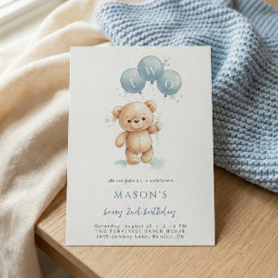 Blå akvarell Teddybjörn 2-års födelsedagsinbjudan Inbjudningar