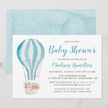 Blå akvarell varmluftsballong baby shower