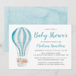 Blå akvarell varmluftsballong Baby Shower Inbjudningar