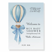 Blå akvarell varmluftsballong pojke baby shower