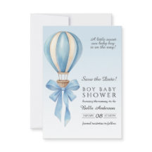 Blå akvarell varmluftsballong pojke baby shower