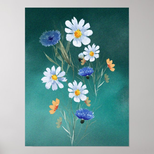 Blå akvarell vild blomster väggkonst affisch (Framsidan)