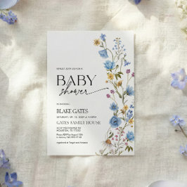 Blå akvarell vildblomma baby shower inbjudningar