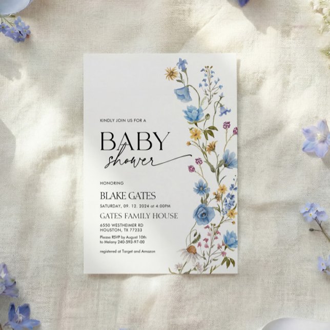 Blå akvarell vildblomma baby shower inbjudningar (Skapare uppladdad)