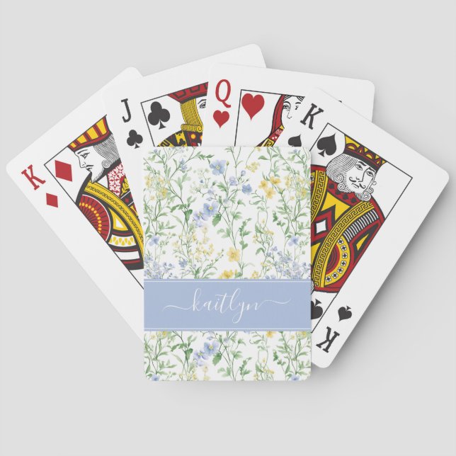Blå akvarell vildblomma monogram casinokort (Baksidan)