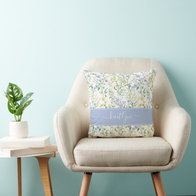 Blå akvarell vildblomma monogram kudde (Stol)