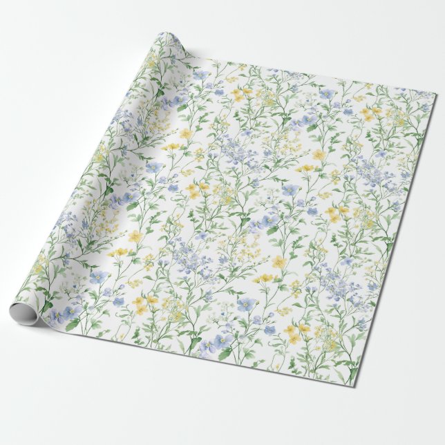 Blå akvarell vildblomma presentpapper (Utrullad)