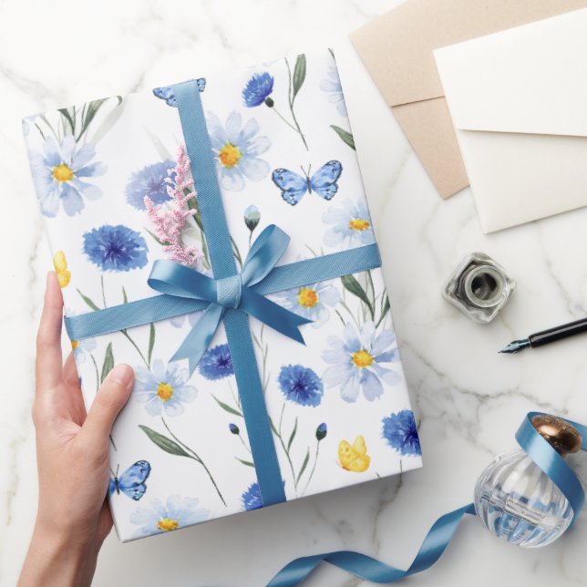 Blå akvarell vildblommäng fjäril presentpapper (Gifting)