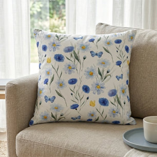 Blå akvarell vildblommäster Mönster Kudde