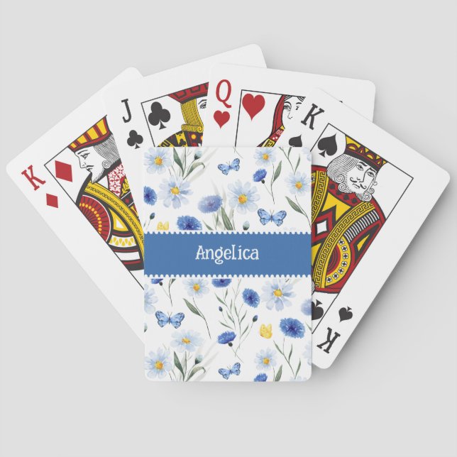 Blå akvarell vildblomsäng namn casinokort (Baksidan)