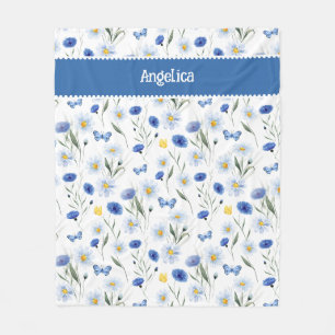Blå akvarell vildblomsäng namn fleecefilt