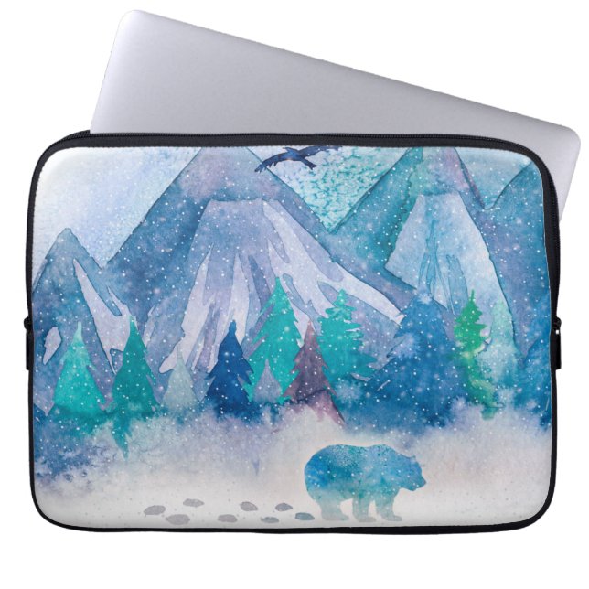 Blå akvarell vinter berglandskap konst laptop fodral (Framsidan)
