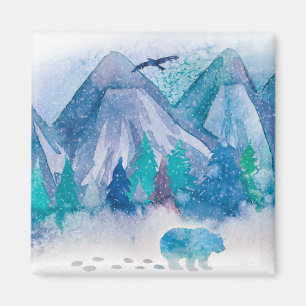 Blå akvarell vinter berglandskap konst magnet
