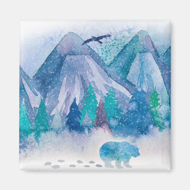Blå akvarell vinter berglandskap konst magnet (Framsidan)