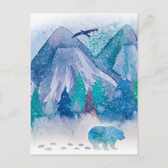 Blå akvarell vinter berglandskap konst vykort (Framsida)