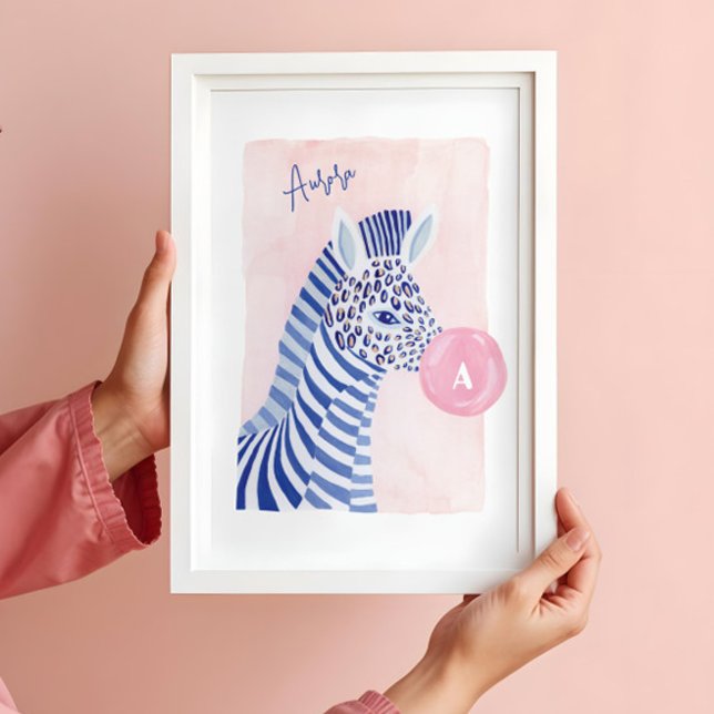 Blå akvarell zebra djur som blåser tuggummibubbla poster (Blue Watercolor Zebra Animal Blowing Gum Bubble Poster)