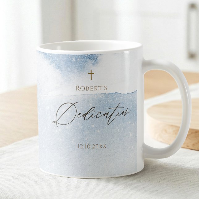 Blå akvarellbaby pojke dedication kaffemugg (Dusty Blue Watercolor Baby Boy Dedication Coffee Mug)