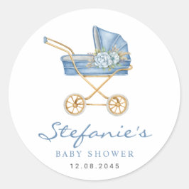 Blå akvarellbarnvagn Det är en pojke - Baby Shower Runt Klistermärke