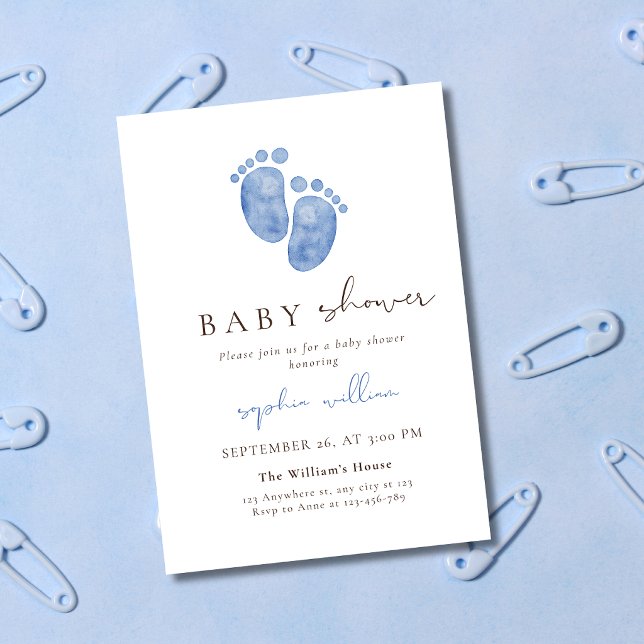 Blå akvarellbebisavtryck Baby Shower Inbjudningar (Skapare uppladdad)