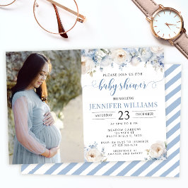 Blå akvarellblomma baby boy shower foto inbjudningar