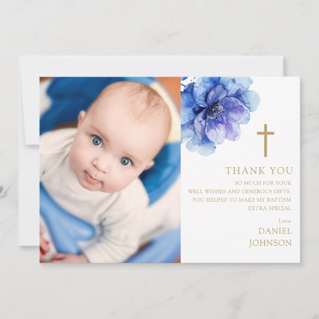 Blå akvarellblomma foto dop dopdag tack kort (Framsida)