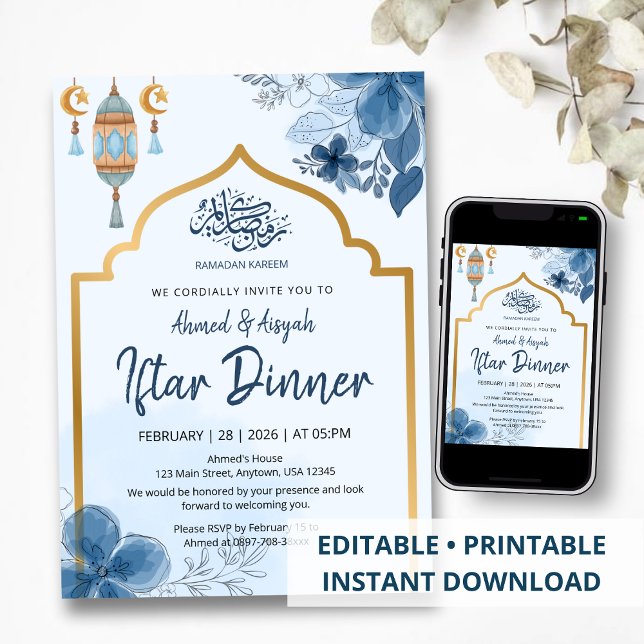 Blå akvarellblomma Iftar Middag Ramadan Inbjudningar (Skapare uppladdad)