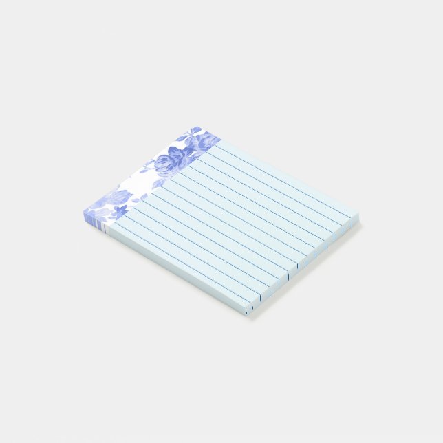 Blå akvarellblommig design, linjerad post-it block (Vinklad)