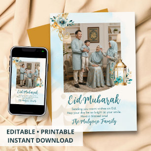 Blå akvarellblommig lykta familjefoto Eid Julkort