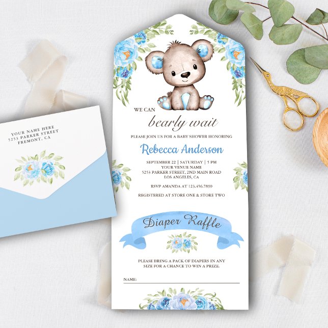 Blå akvarellblommig teddybjörn baby shower (Skapare uppladdad)