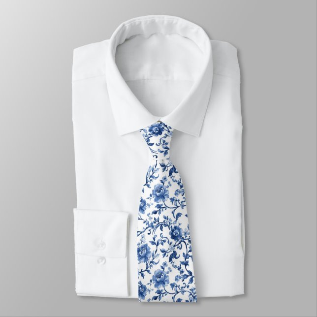 Blå akvarellblommig Toile Chinoiserie Bröllop Slips (Bunden)