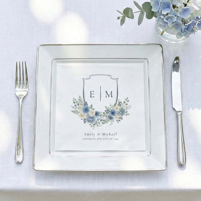 Blå akvarellblommig vapen Wedding Pappersservett (Skapare uppladdad)