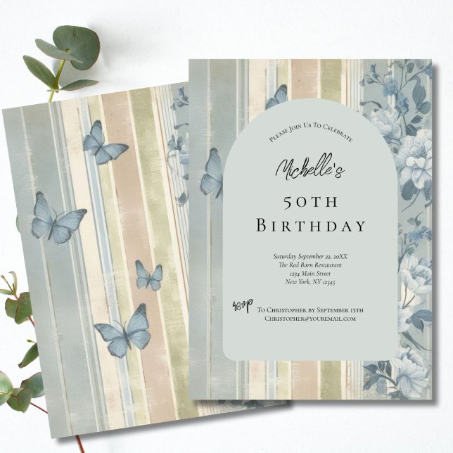 Blå akvarellblommor fjärilar 50-årsdag inbjudningar (Blue Floral Butterflies 50th Birthday Invitation Template. Printed or Digital Download Invitation.)