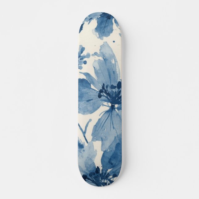 Blå akvarellblommor målade botaniska fantasifulla mini skateboard bräda 18,5 cm (Framsida)