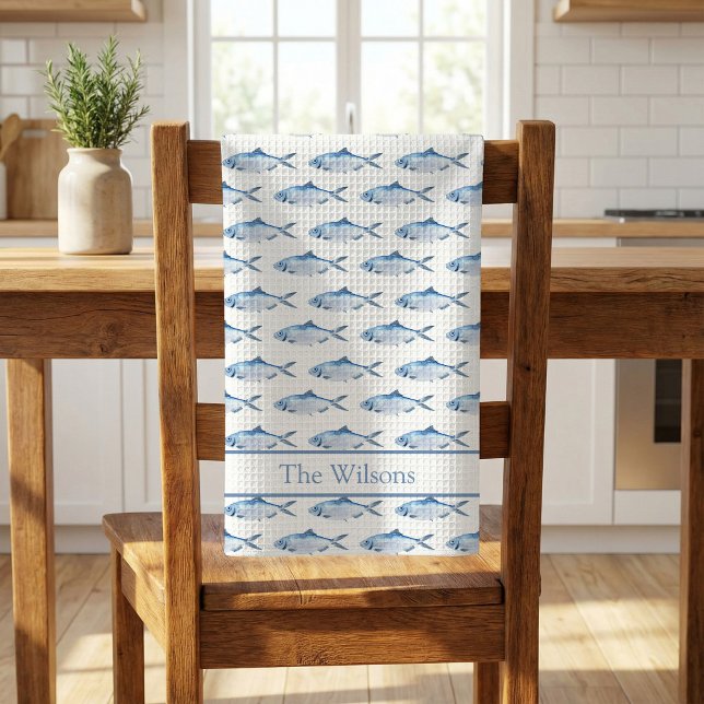 Blå akvarellfisk som simmar  kökshandduk (Blue Watercolor Fish Kitchen Towel)