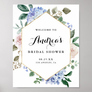 Blå akvarellhydrangeor Guldblad Bröllopsdusch Poster