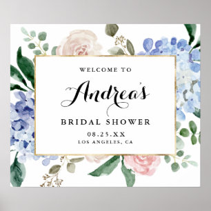 Blå akvarellhydrangeor Guldfolie Bröllopsdusch Poster