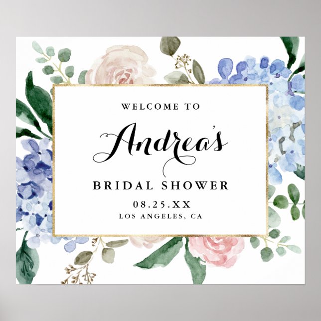 Blå akvarellhydrangeor Guldfolie Bröllopsdusch Poster (Framsidan)