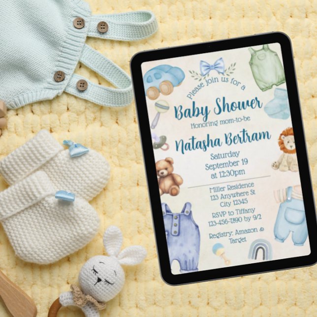 Blå akvarellleksaker och kläder Baby Shower Inbjudningar (Skapare uppladdad)