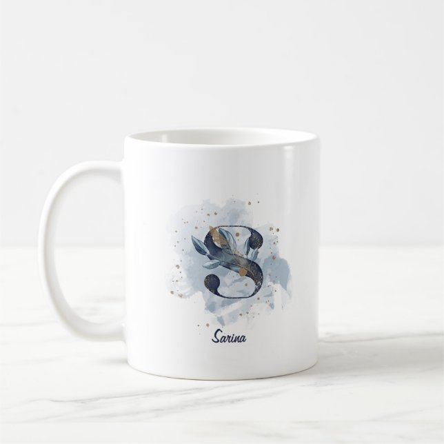 Blå akvarellpersonlig namn bokstav initial S Kaffemugg (Vänster)