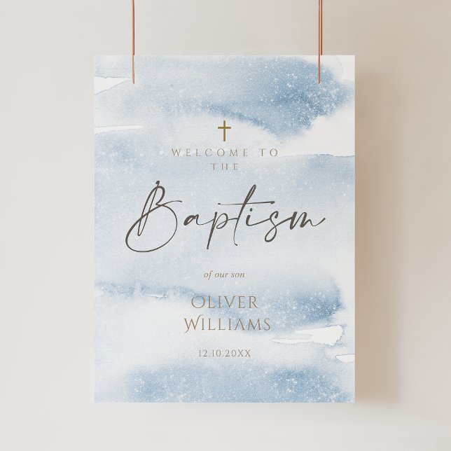 Blå akvarellpojke Dop Välkomstaffisch Poster (Blue Watercolor Boy Baptism Poster)