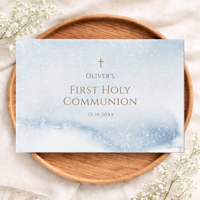 Blå akvarellpojke Första kommunion Gästböcker (Blue Watercolor Boy First Communion Guest Book)
