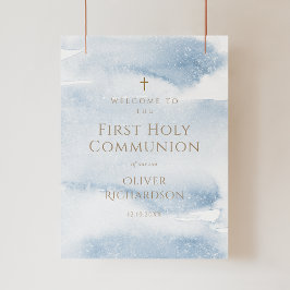 Blå akvarellpojke Första kommunion välkomstaffisch Poster