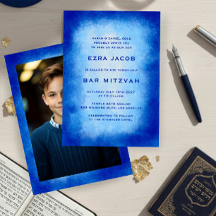 Blå akvarellram Anpassad FOTO Bar Bat Mitzvah Inbjudningar
