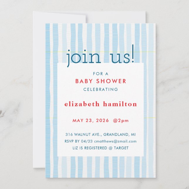 Blå akvarellrandig baby shower-inbjudan inbjudningar (Framsida)