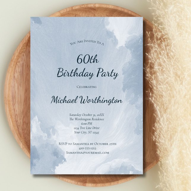 Blå akvarellstruktur Mäns 50-års 60-års födelsedag Inbjudningar (Blue Watercolor Texture 50th 60th 70th 80th Birthday invitation for him.  Printed or Digital )