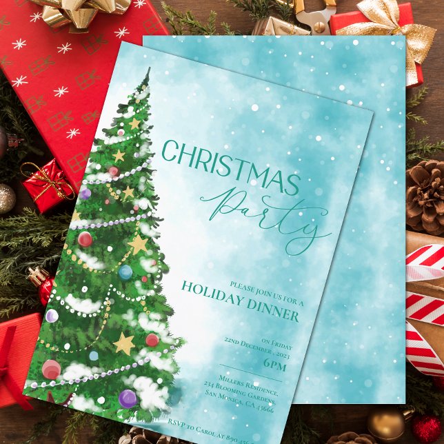 Blå akvarellträd julfestinbjudan (Blue Watercolor Tree Christmas Party Invitation)