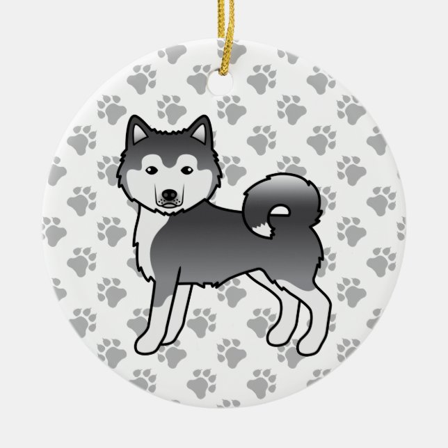 Blå Alaskan Malamute Söt Tecknad Hund Julgransprydnad Keramik (Framsidan)